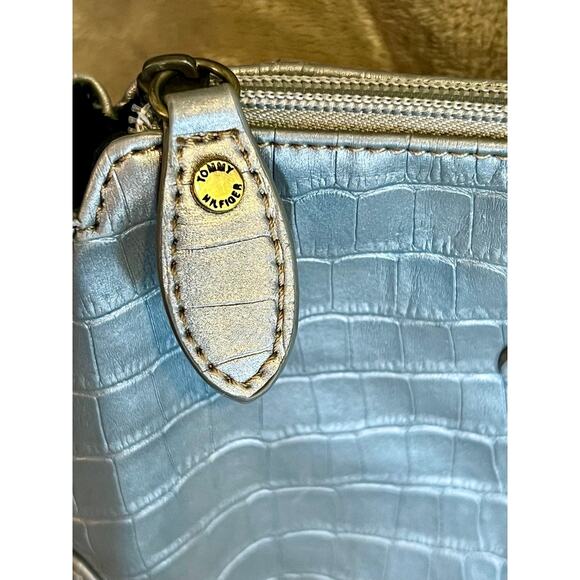 Tommy Hilfiger Faux Croc Leather Shoulder Purse Bag Metallic Silver Embossed - Picture 4 of 7